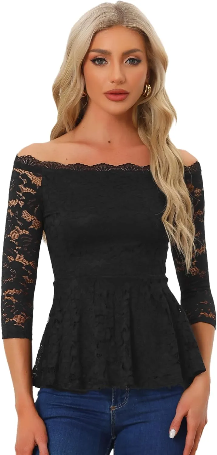 Allegra K Elegant Lace Blouse for Women's Semi Sheer 3/4 Sleeve Off Shoulder Peplum Top