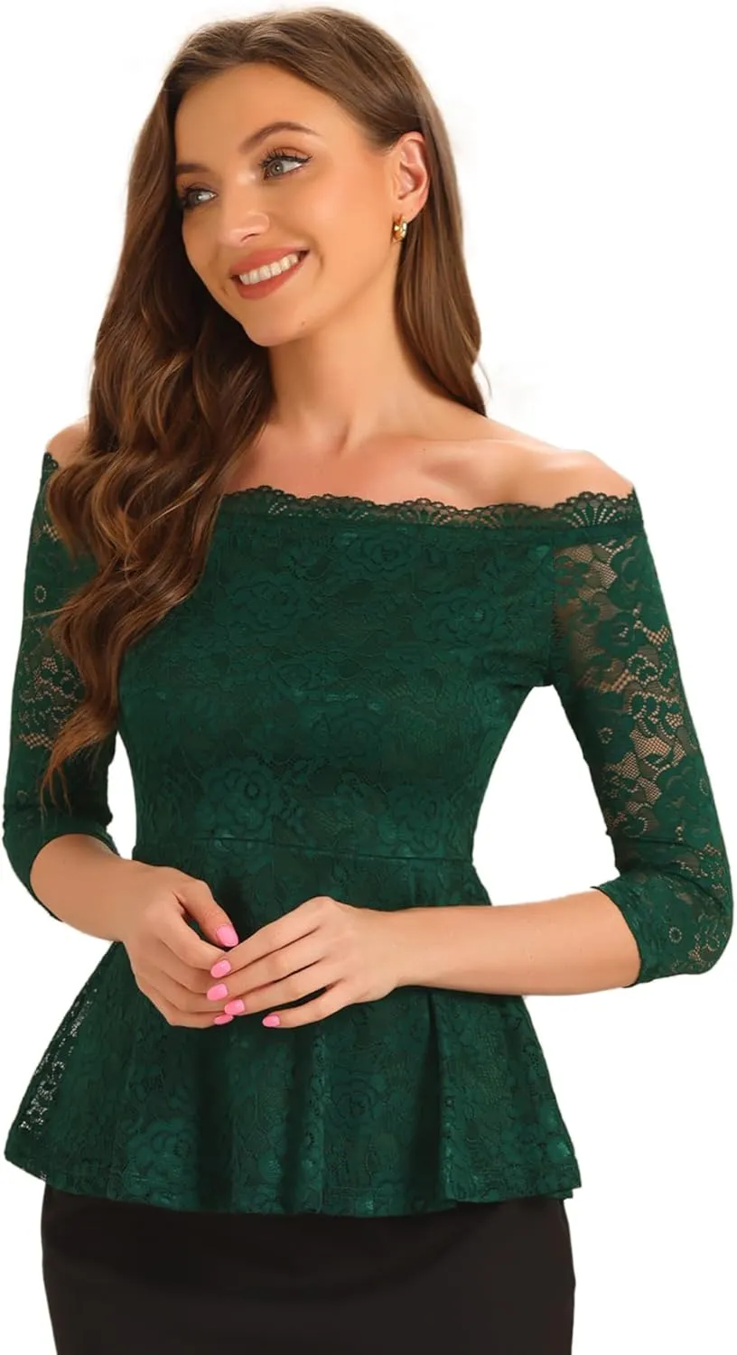 Allegra K Elegant Lace Blouse for Women's Semi Sheer 3/4 Sleeve Off Shoulder Peplum Top