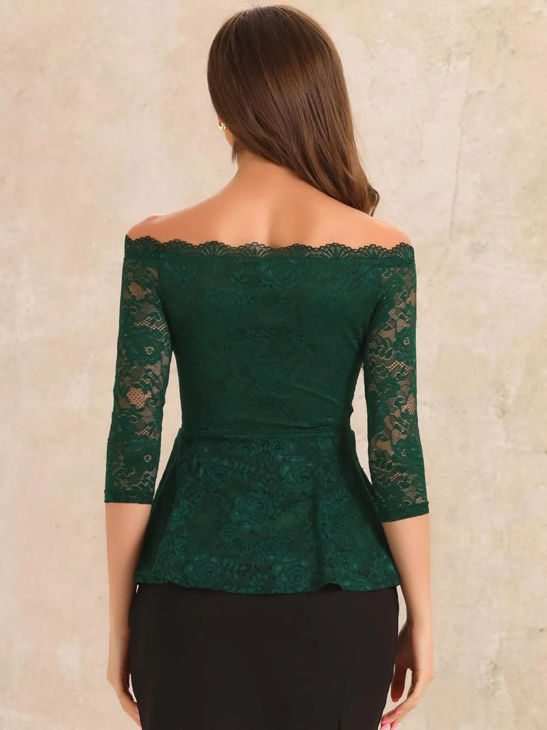 Allegra K Elegant Lace Blouse for Women's Semi Sheer 3/4 Sleeve Off Shoulder Peplum Top