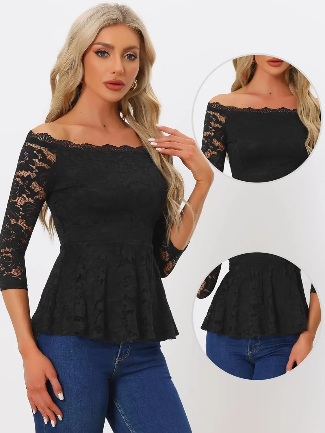 Allegra K Elegant Lace Blouse for Women's Semi Sheer 3/4 Sleeve Off Shoulder Peplum Top