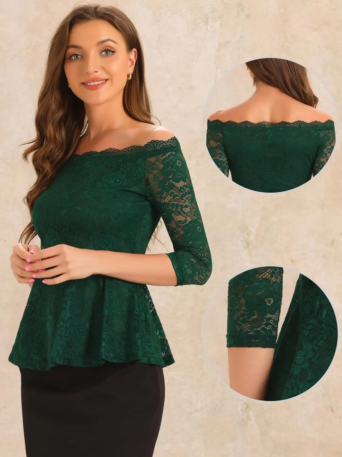 Allegra K Elegant Lace Blouse for Women's Semi Sheer 3/4 Sleeve Off Shoulder Peplum Top