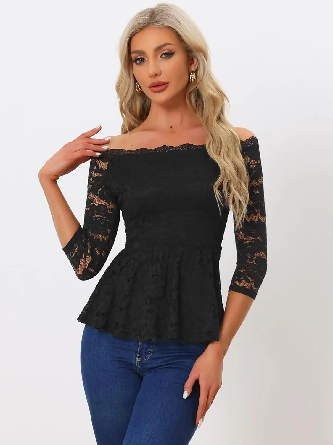 Allegra K Elegant Lace Blouse for Women's Semi Sheer 3/4 Sleeve Off Shoulder Peplum Top