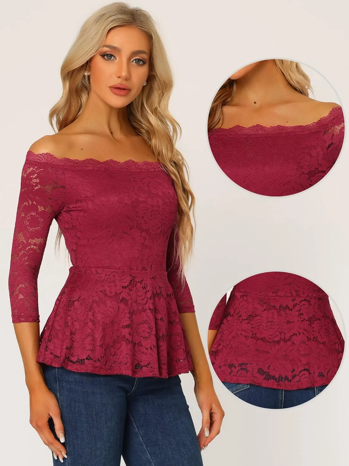 Allegra K Elegant Lace Blouse for Women's Semi Sheer 3/4 Sleeve Off Shoulder Peplum Top
