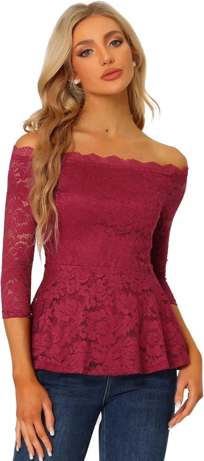 Allegra K Elegant Lace Blouse for Women's Semi Sheer 3/4 Sleeve Off Shoulder Peplum Top