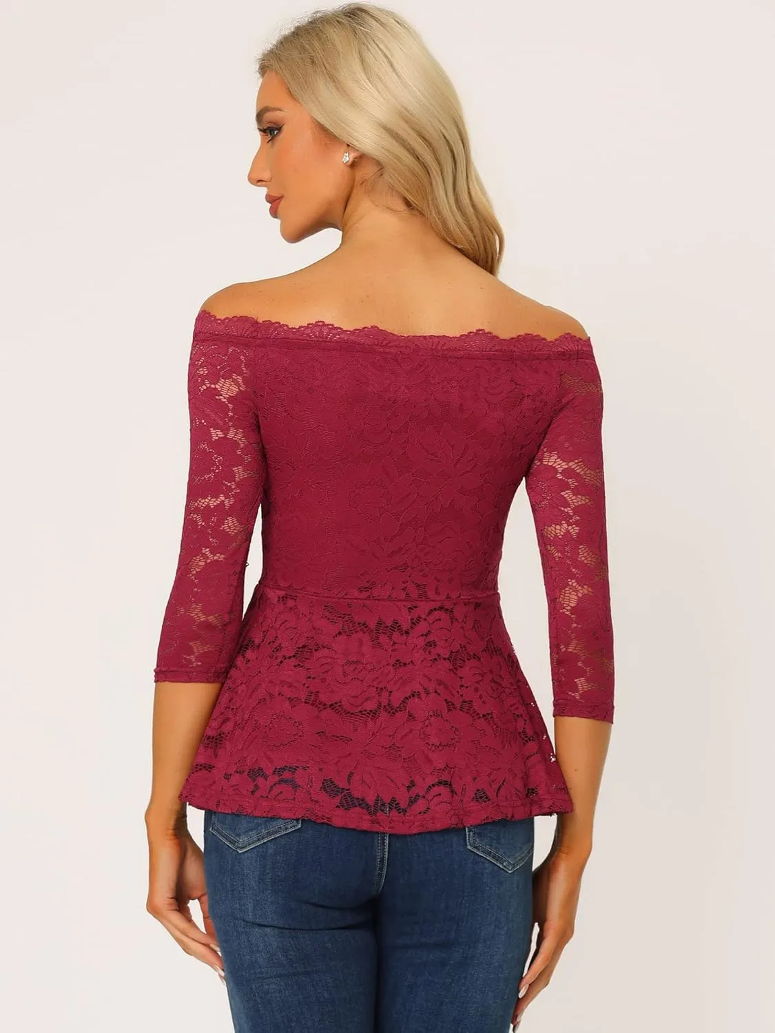 Allegra K Elegant Lace Blouse for Women's Semi Sheer 3/4 Sleeve Off Shoulder Peplum Top