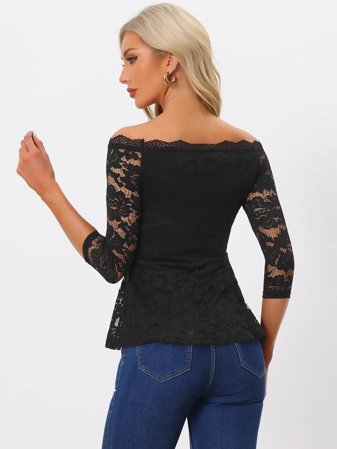 Allegra K Elegant Lace Blouse for Women's Semi Sheer 3/4 Sleeve Off Shoulder Peplum Top
