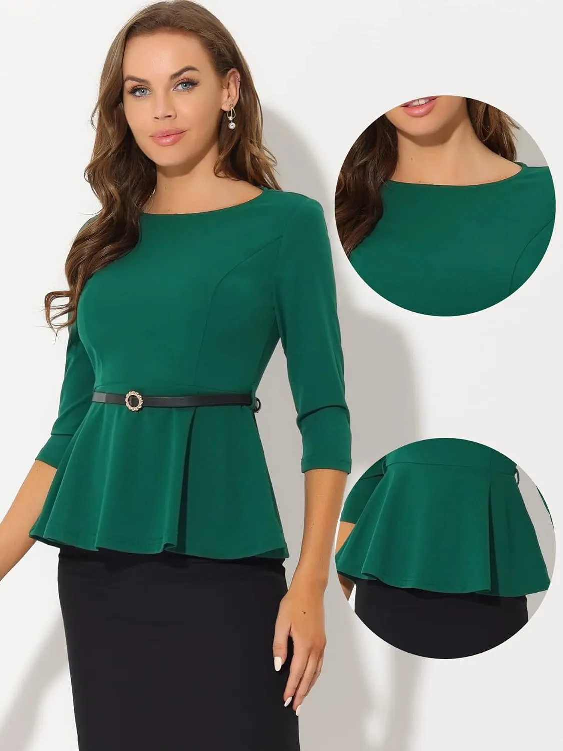 Allegra K Peplum Tops for Women's 3/4 Sleeve Teacher Belted Elegant Business Work Blouse