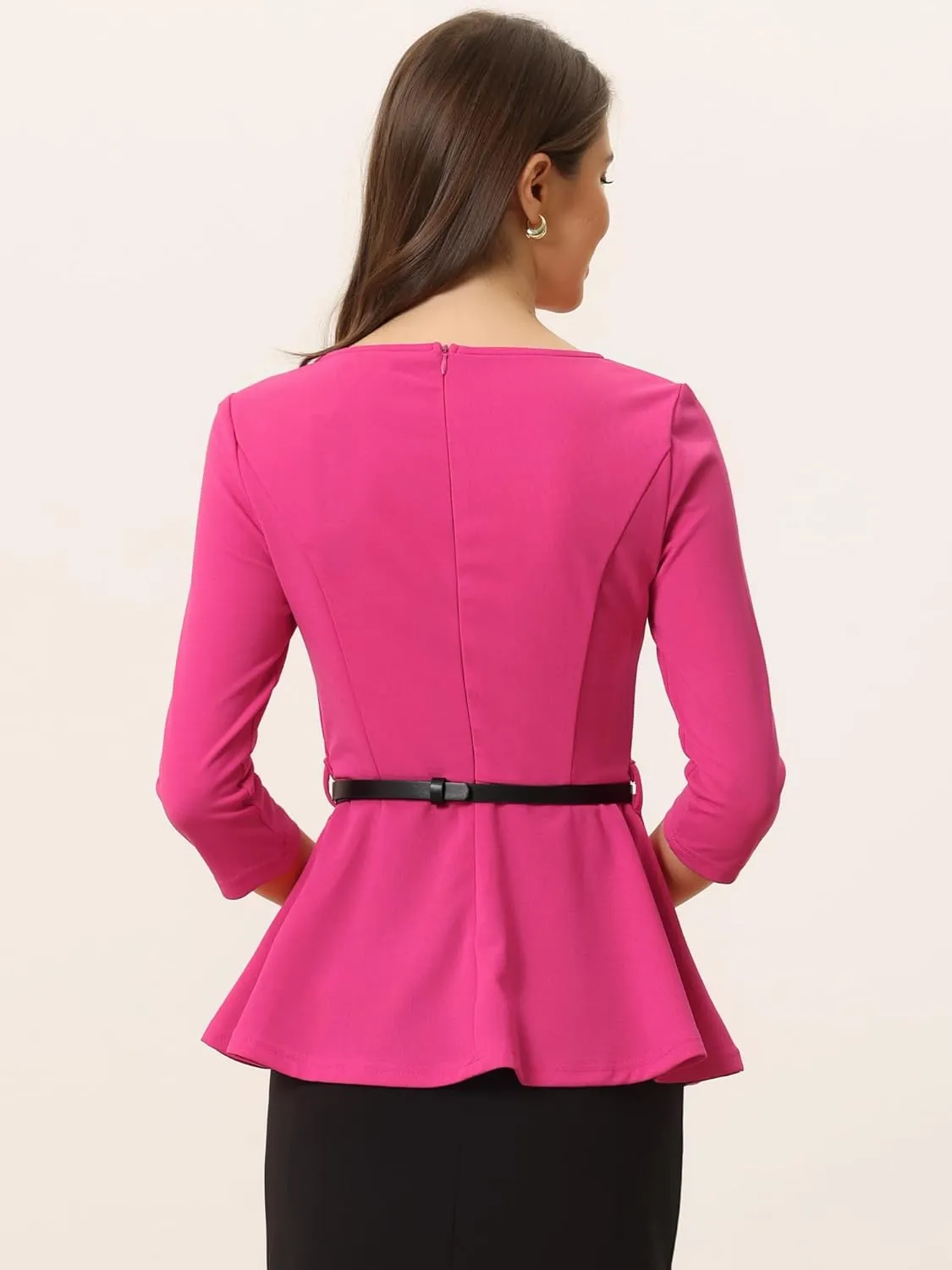Allegra K Peplum Tops for Women's 3/4 Sleeve Teacher Belted Elegant Business Work Blouse