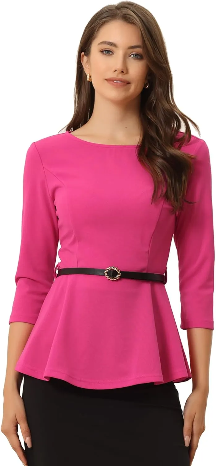 Allegra K Peplum Tops for Women's 3/4 Sleeve Teacher Belted Elegant Business Work Blouse