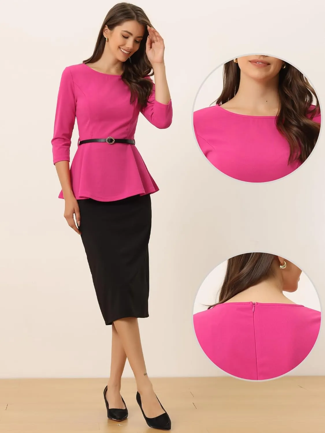 Allegra K Peplum Tops for Women's 3/4 Sleeve Teacher Belted Elegant Business Work Blouse