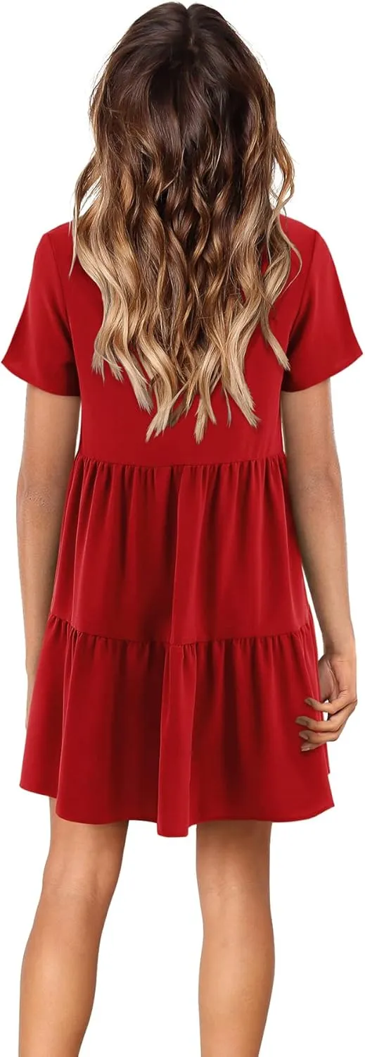 Amoretu Women Summer Tunic Dress V Neck Short Sleeve Casual Loose Flowy Swing Shift Dresses