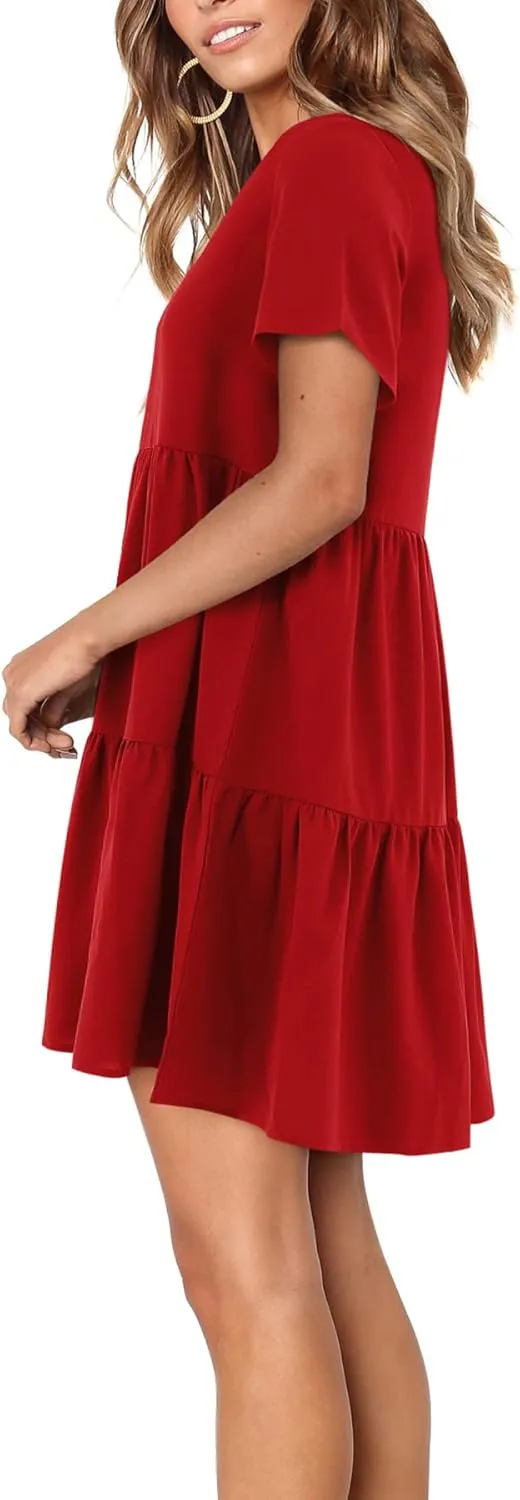 Amoretu Women Summer Tunic Dress V Neck Short Sleeve Casual Loose Flowy Swing Shift Dresses