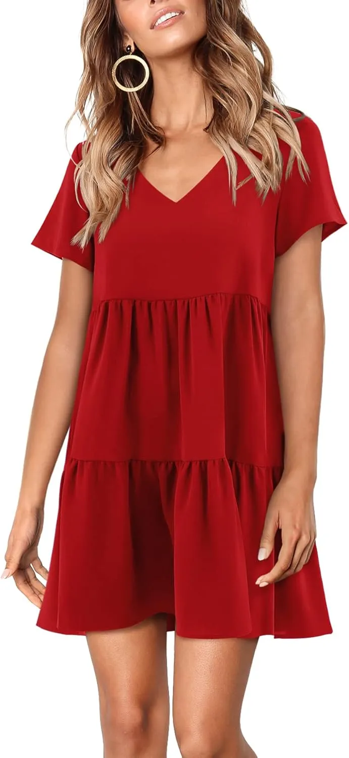 Amoretu Women Summer Tunic Dress V Neck Short Sleeve Casual Loose Flowy Swing Shift Dresses