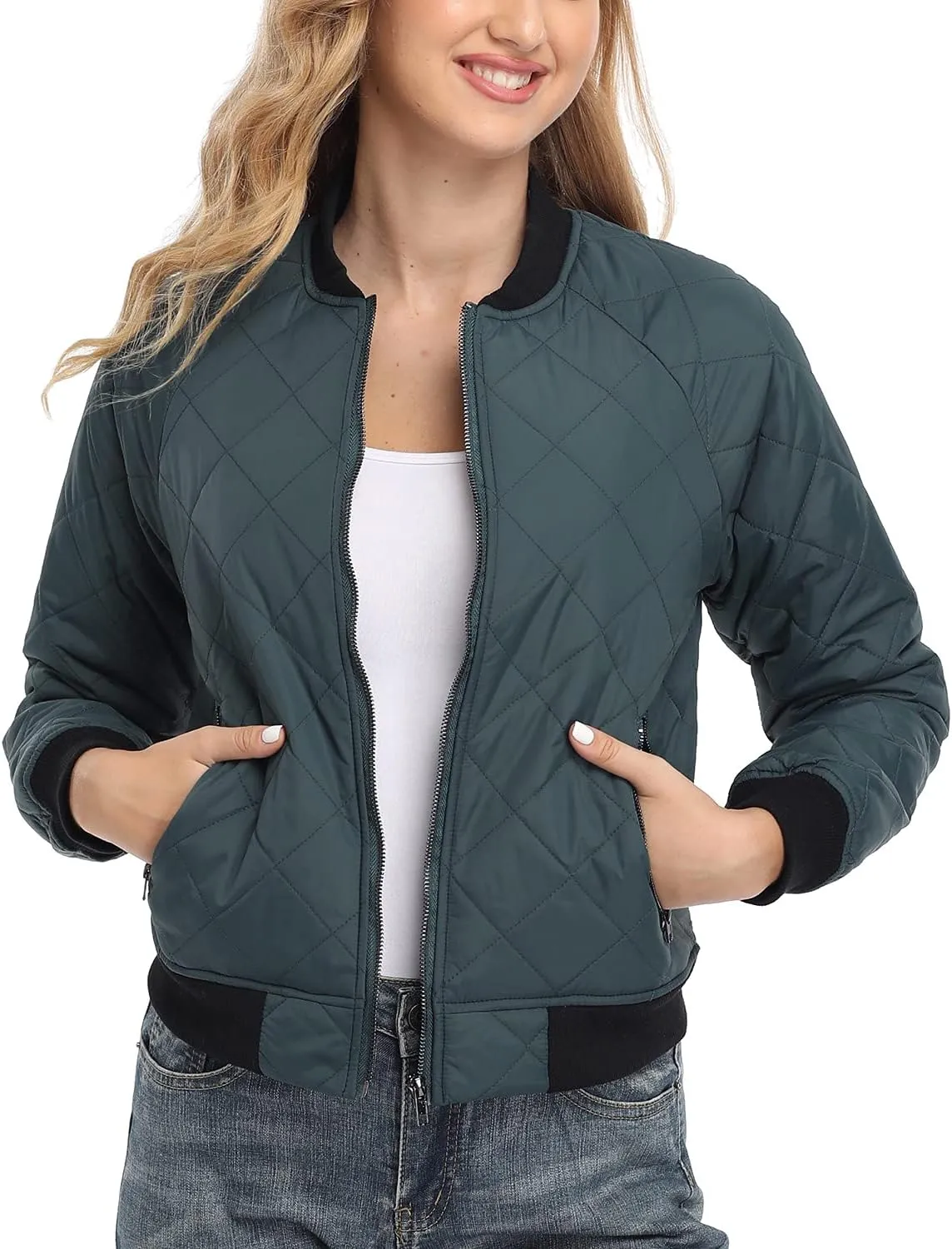 andy & natalie Women's Bomber Jacket Fashion Quilted Casual Lightweight Bomber Jakcets Zip up Outerwear Jacket with Pockets