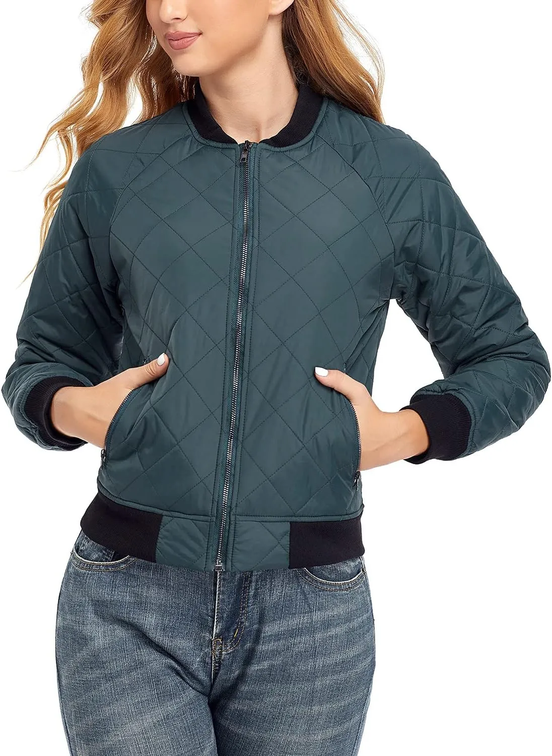 andy & natalie Women's Bomber Jacket Fashion Quilted Casual Lightweight Bomber Jakcets Zip up Outerwear Jacket with Pockets