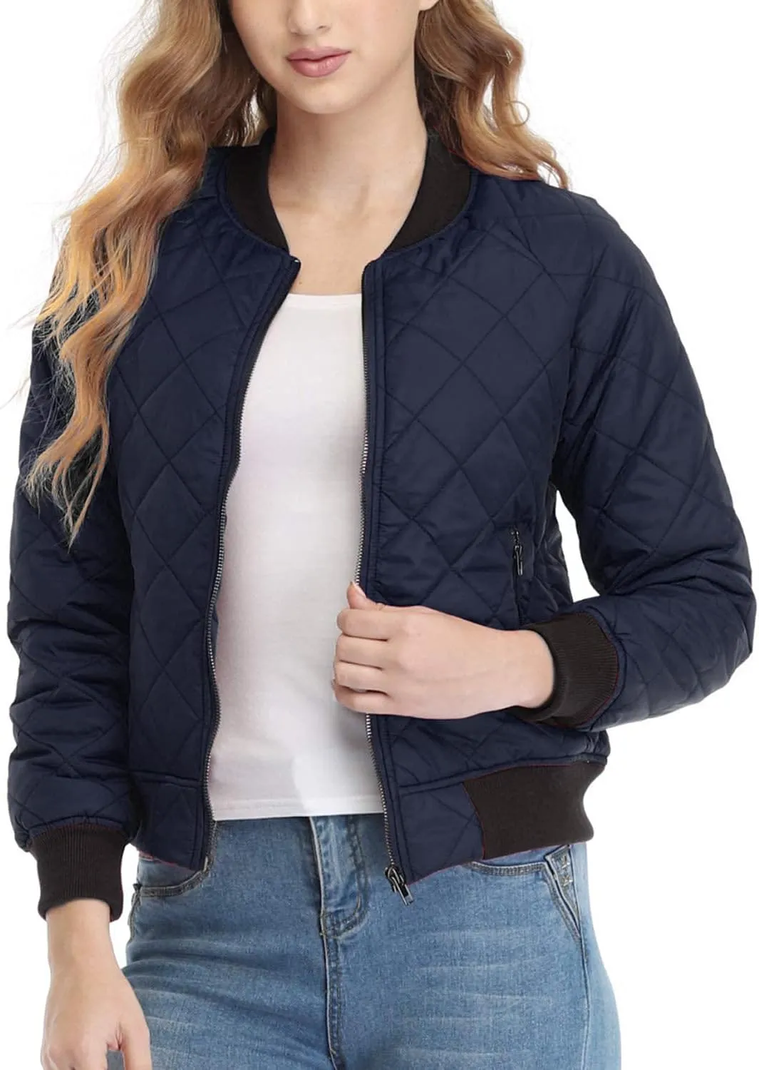 andy & natalie Women's Bomber Jacket Fashion Quilted Casual Lightweight Bomber Jakcets Zip up Outerwear Jacket with Pockets