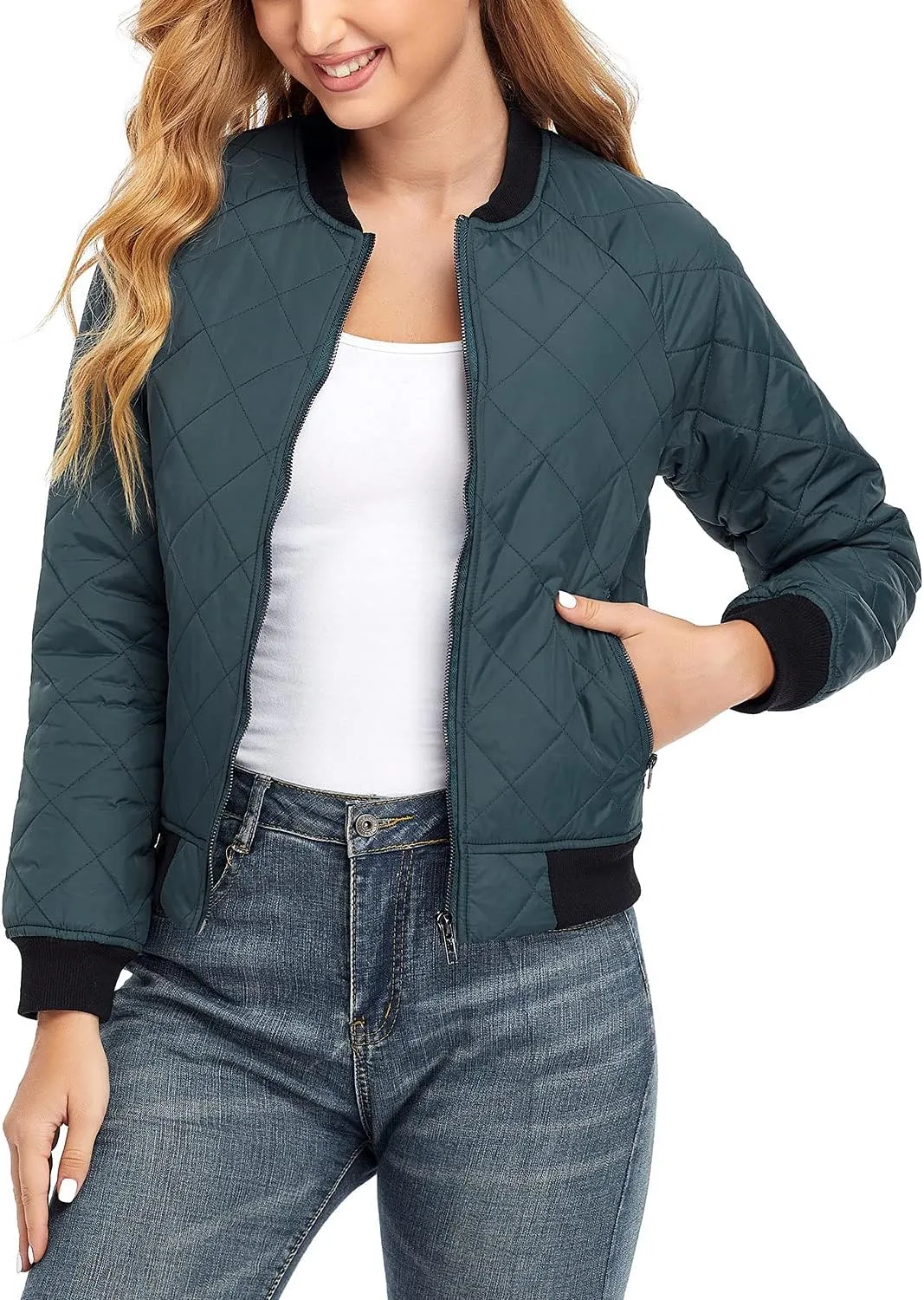 andy & natalie Women's Bomber Jacket Fashion Quilted Casual Lightweight Bomber Jakcets Zip up Outerwear Jacket with Pockets