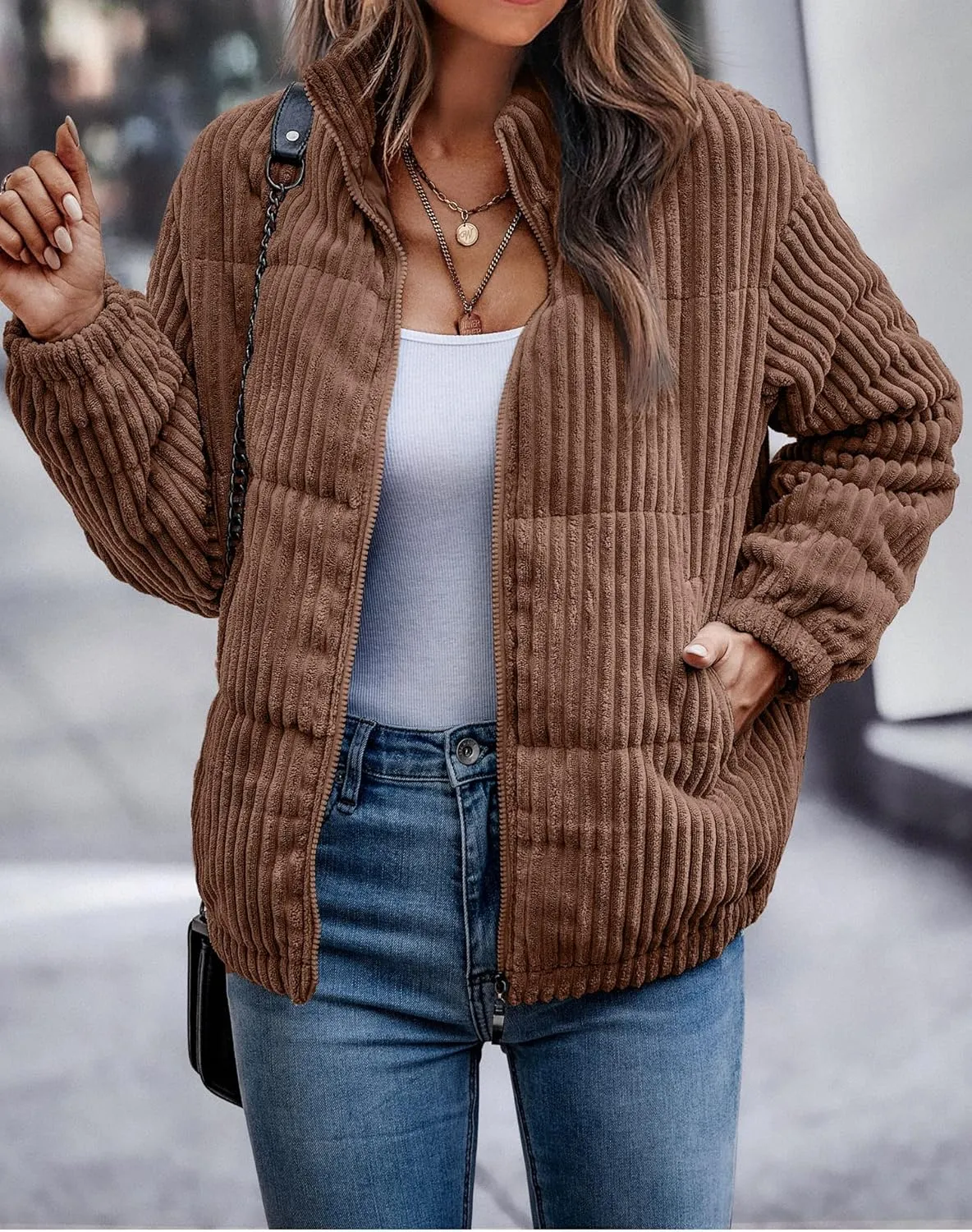 Angashion Women's Bomber Jacket Corduroy Ribbed Quilted Zip Up Long Sleeve Winter Coat Fall Outerwear Tops with Pockets