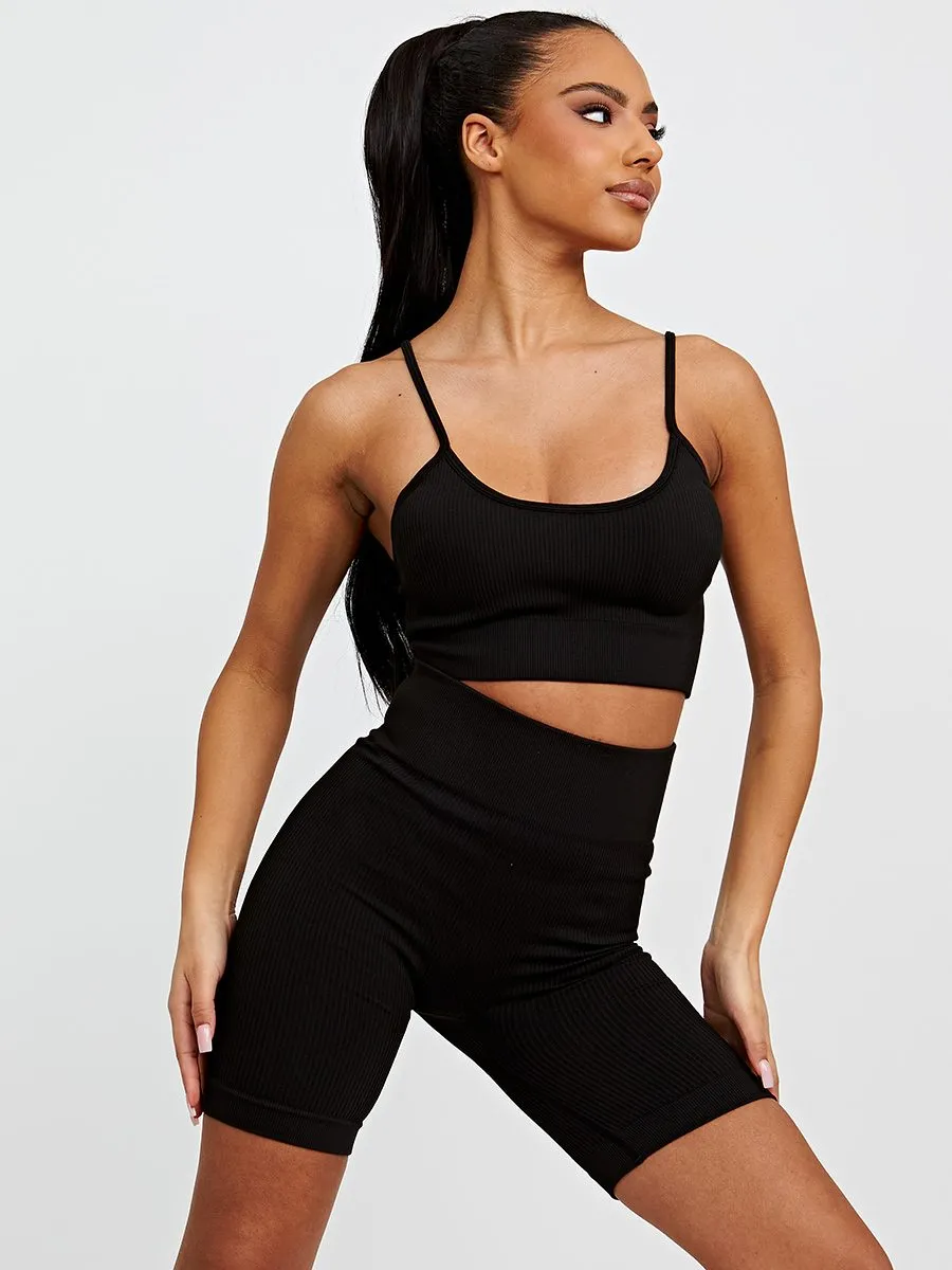 Ashly Ribbed Padded Bralet & Cycling Shorts Co-ord In Black