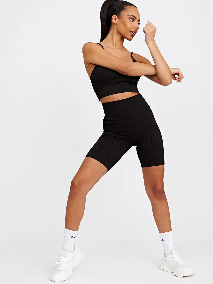 Ashly Ribbed Padded Bralet & Cycling Shorts Co-ord In Black