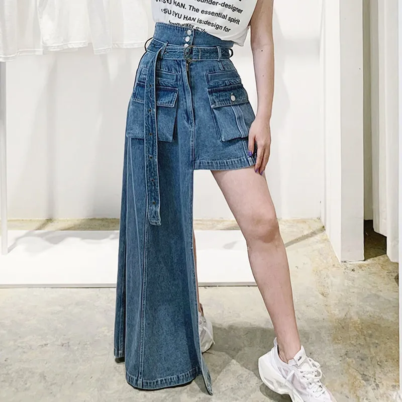 Asymmetrical Denim Skirt High Waist With Sashes Streetwear Irregular Casual Women Skirts
