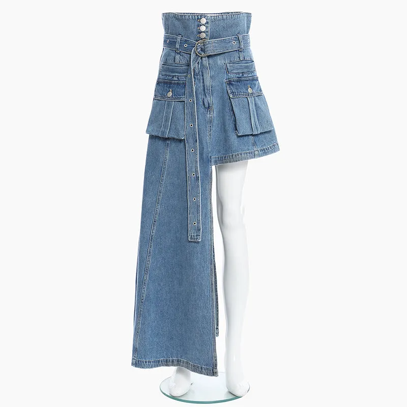 Asymmetrical Denim Skirt High Waist With Sashes Streetwear Irregular Casual Women Skirts
