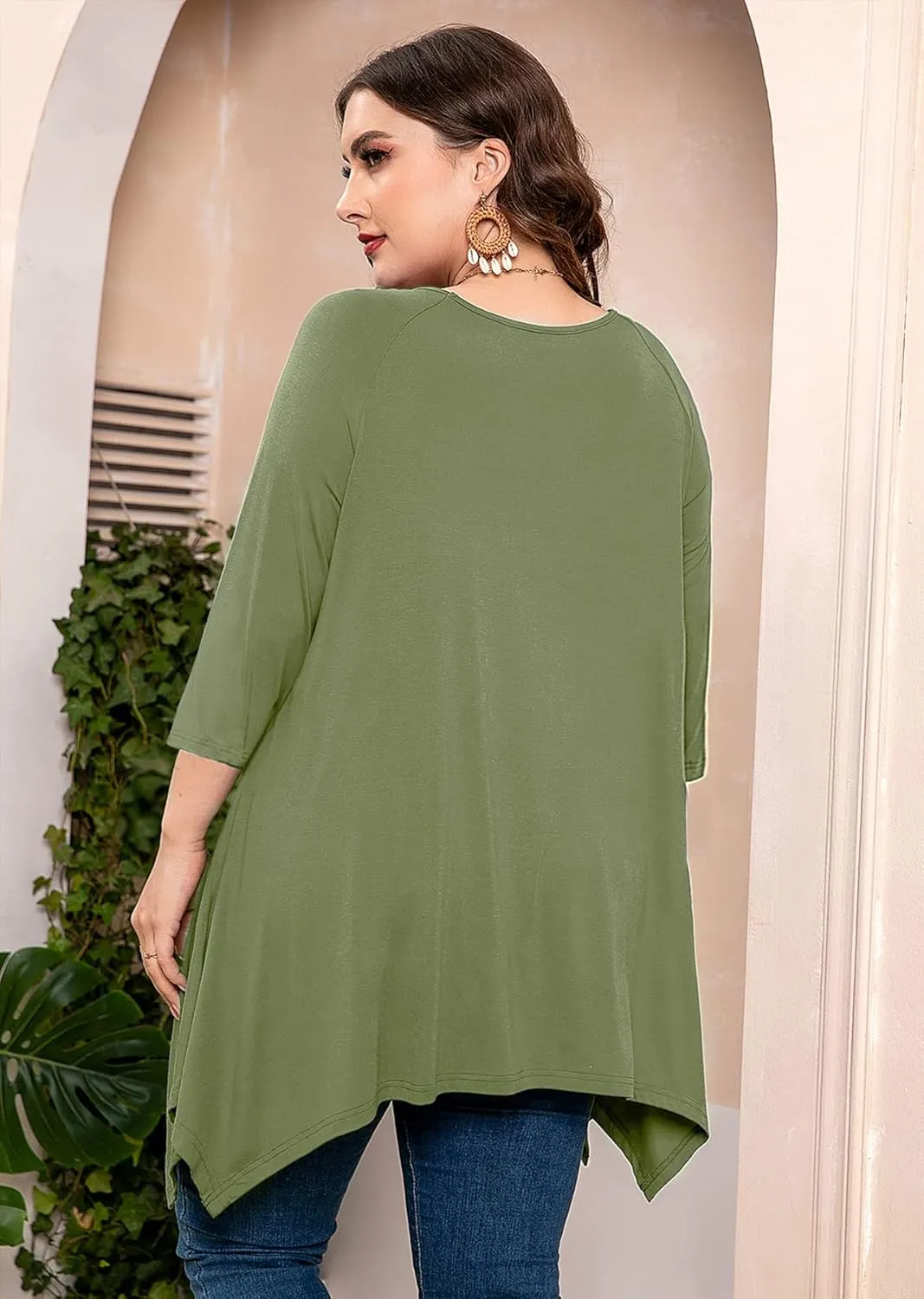 AusLook Plus Size Women Top 3/4 Sleeve Swing Tunic Lace Crewneck Blouse Maternity Clothing Loose Clothes Shirt for Leggings