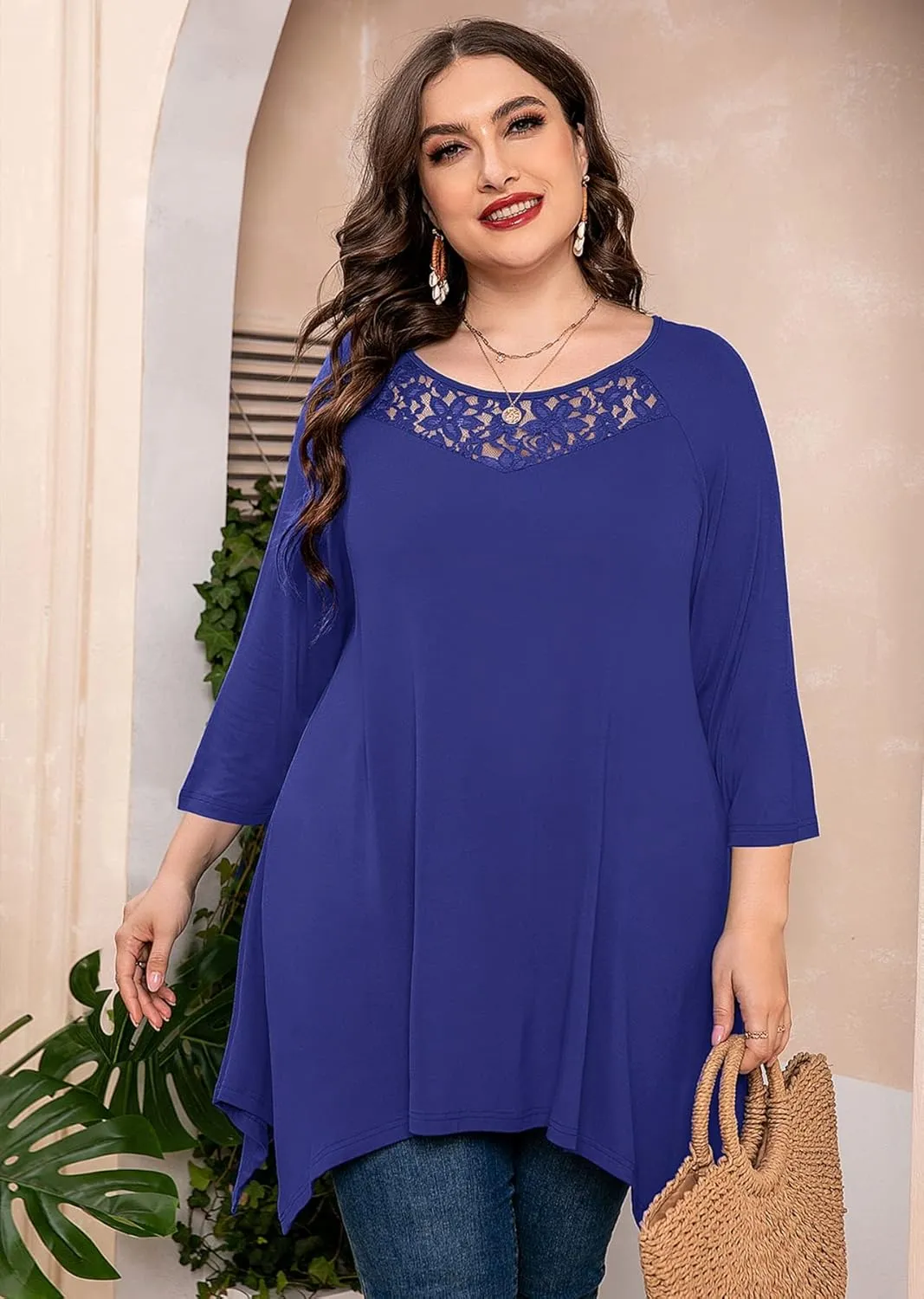 AusLook Plus Size Women Top 3/4 Sleeve Swing Tunic Lace Crewneck Blouse Maternity Clothing Loose Clothes Shirt for Leggings