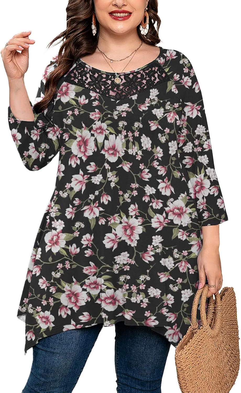 AusLook Plus Size Women Top 3/4 Sleeve Swing Tunic Lace Crewneck Blouse Maternity Clothing Loose Clothes Shirt for Leggings