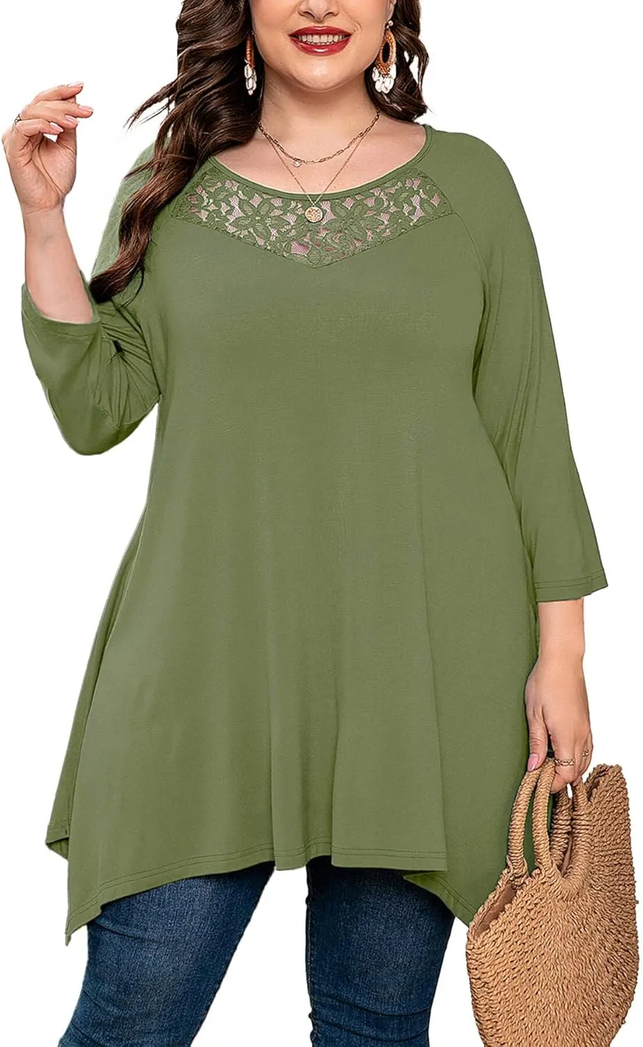 AusLook Plus Size Women Top 3/4 Sleeve Swing Tunic Lace Crewneck Blouse Maternity Clothing Loose Clothes Shirt for Leggings