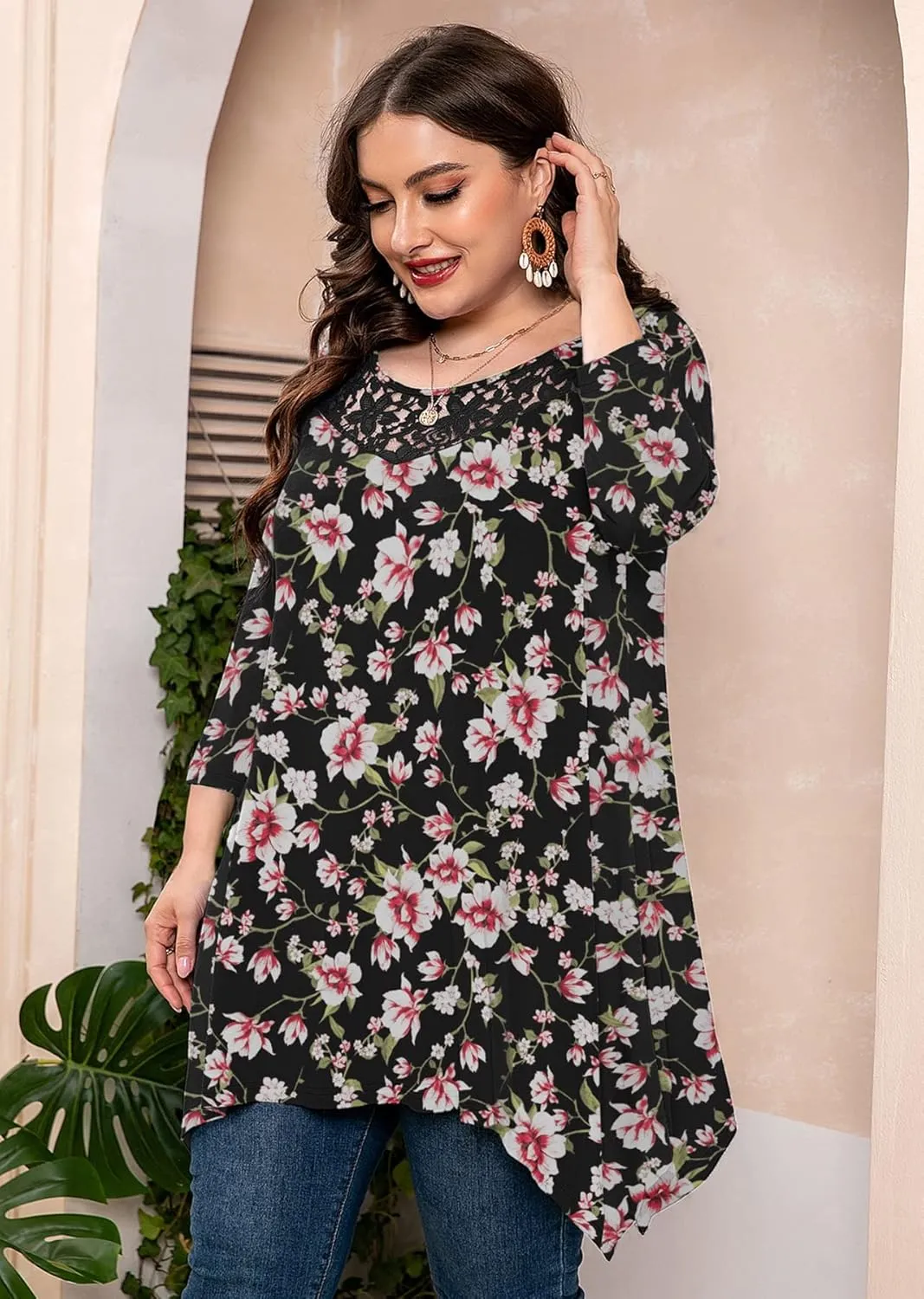 AusLook Plus Size Women Top 3/4 Sleeve Swing Tunic Lace Crewneck Blouse Maternity Clothing Loose Clothes Shirt for Leggings