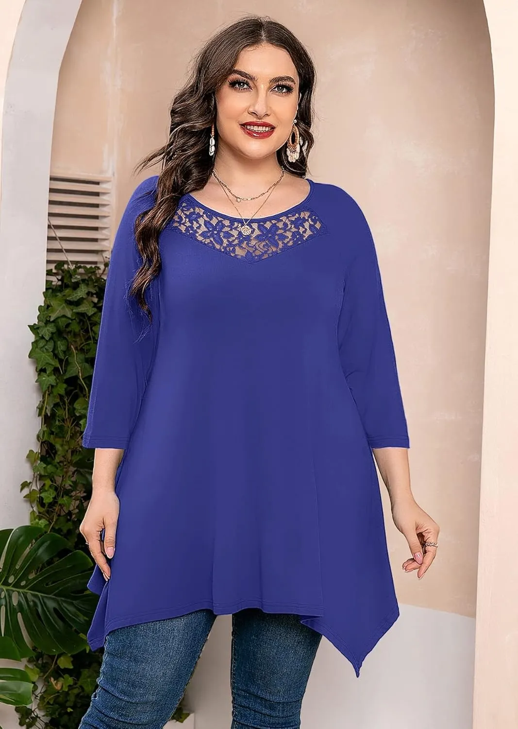 AusLook Plus Size Women Top 3/4 Sleeve Swing Tunic Lace Crewneck Blouse Maternity Clothing Loose Clothes Shirt for Leggings