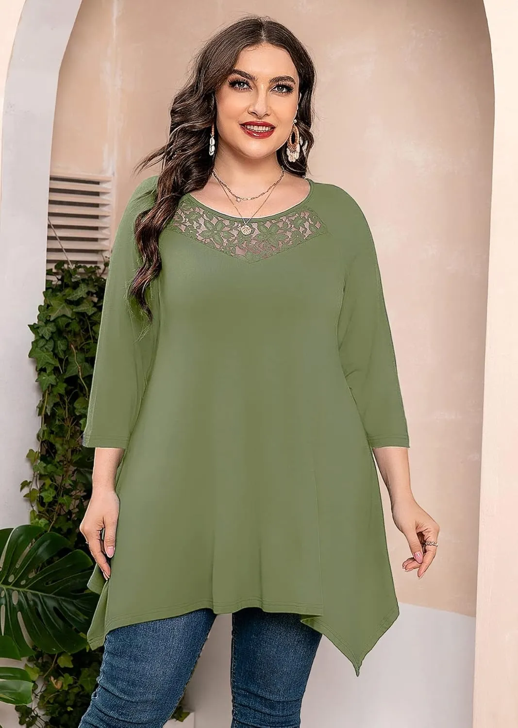 AusLook Plus Size Women Top 3/4 Sleeve Swing Tunic Lace Crewneck Blouse Maternity Clothing Loose Clothes Shirt for Leggings
