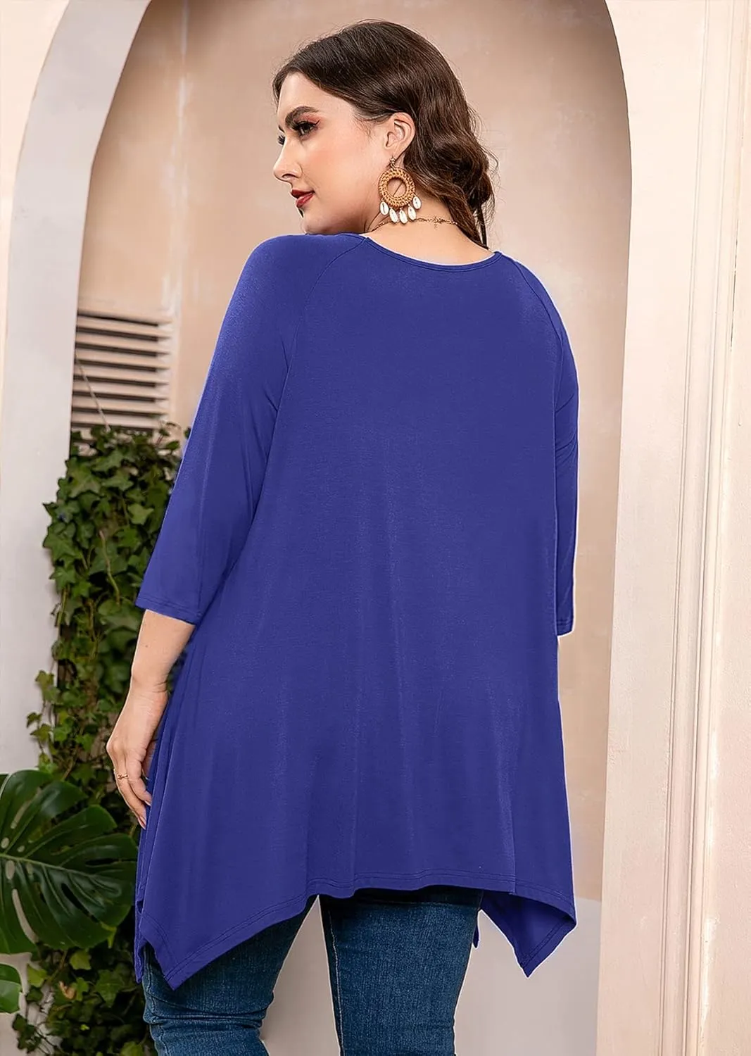 AusLook Plus Size Women Top 3/4 Sleeve Swing Tunic Lace Crewneck Blouse Maternity Clothing Loose Clothes Shirt for Leggings