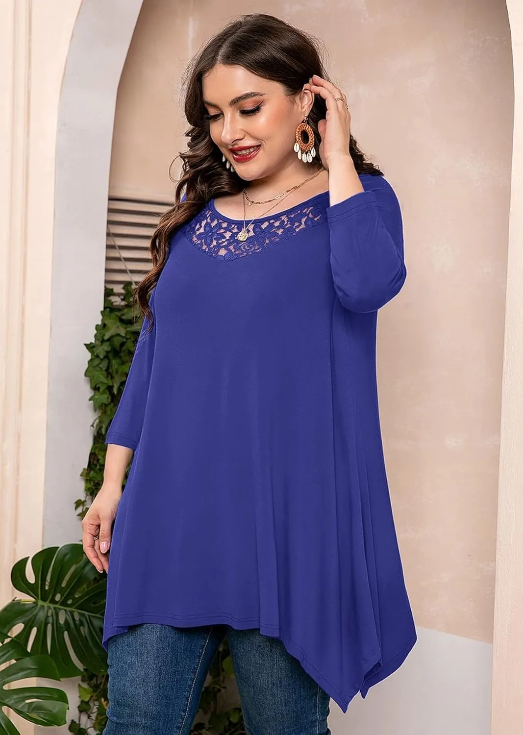 AusLook Plus Size Women Top 3/4 Sleeve Swing Tunic Lace Crewneck Blouse Maternity Clothing Loose Clothes Shirt for Leggings