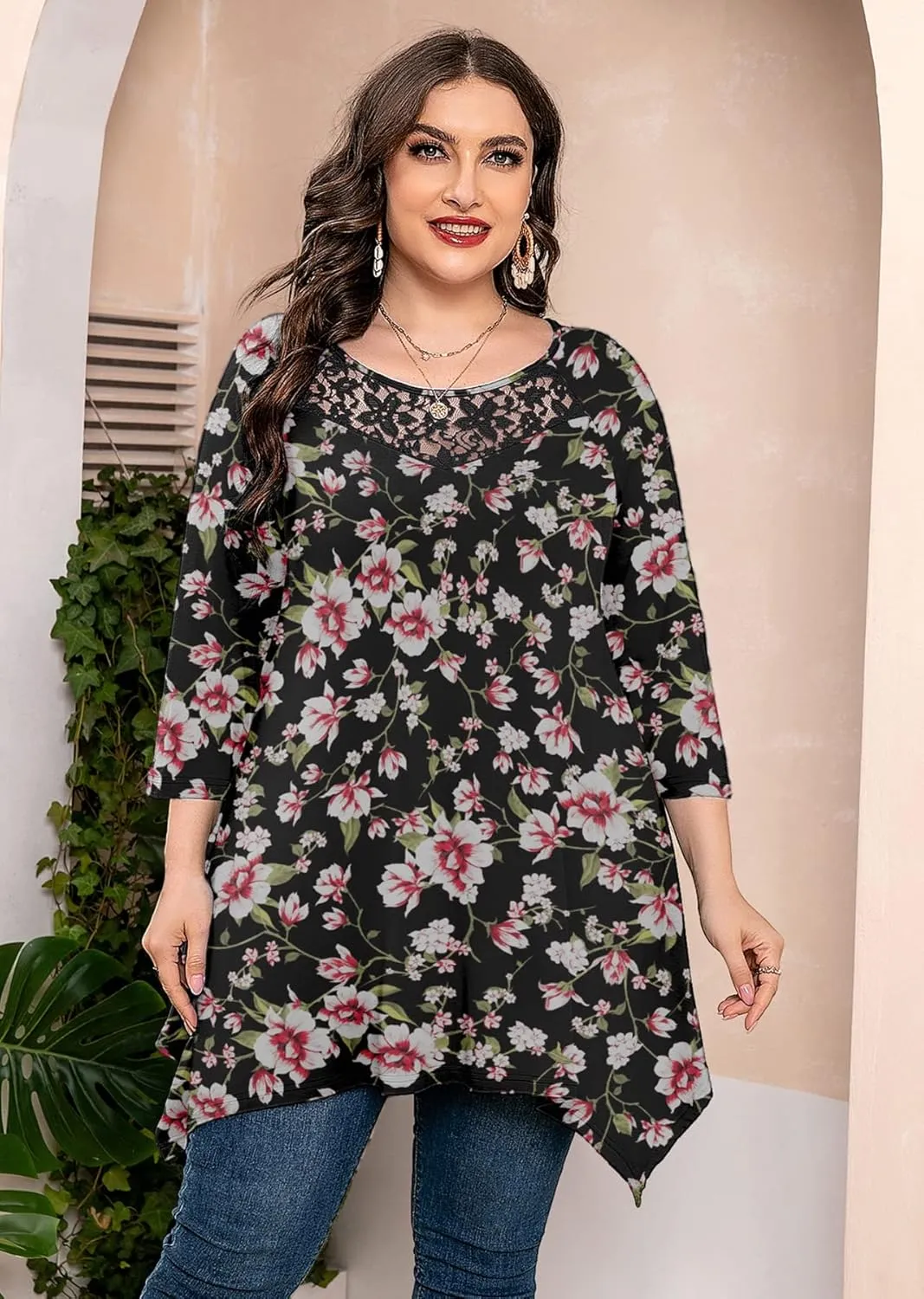 AusLook Plus Size Women Top 3/4 Sleeve Swing Tunic Lace Crewneck Blouse Maternity Clothing Loose Clothes Shirt for Leggings