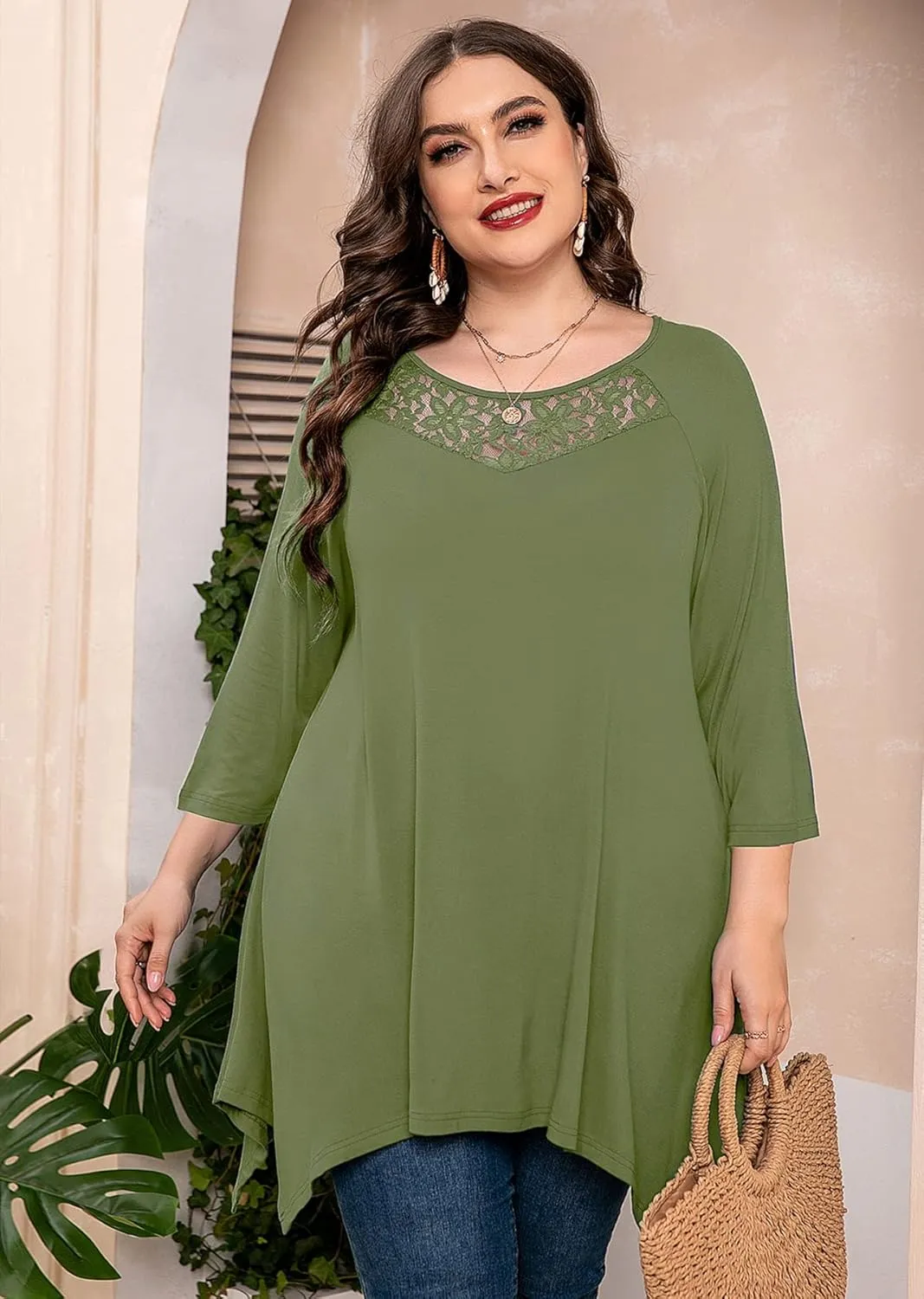 AusLook Plus Size Women Top 3/4 Sleeve Swing Tunic Lace Crewneck Blouse Maternity Clothing Loose Clothes Shirt for Leggings