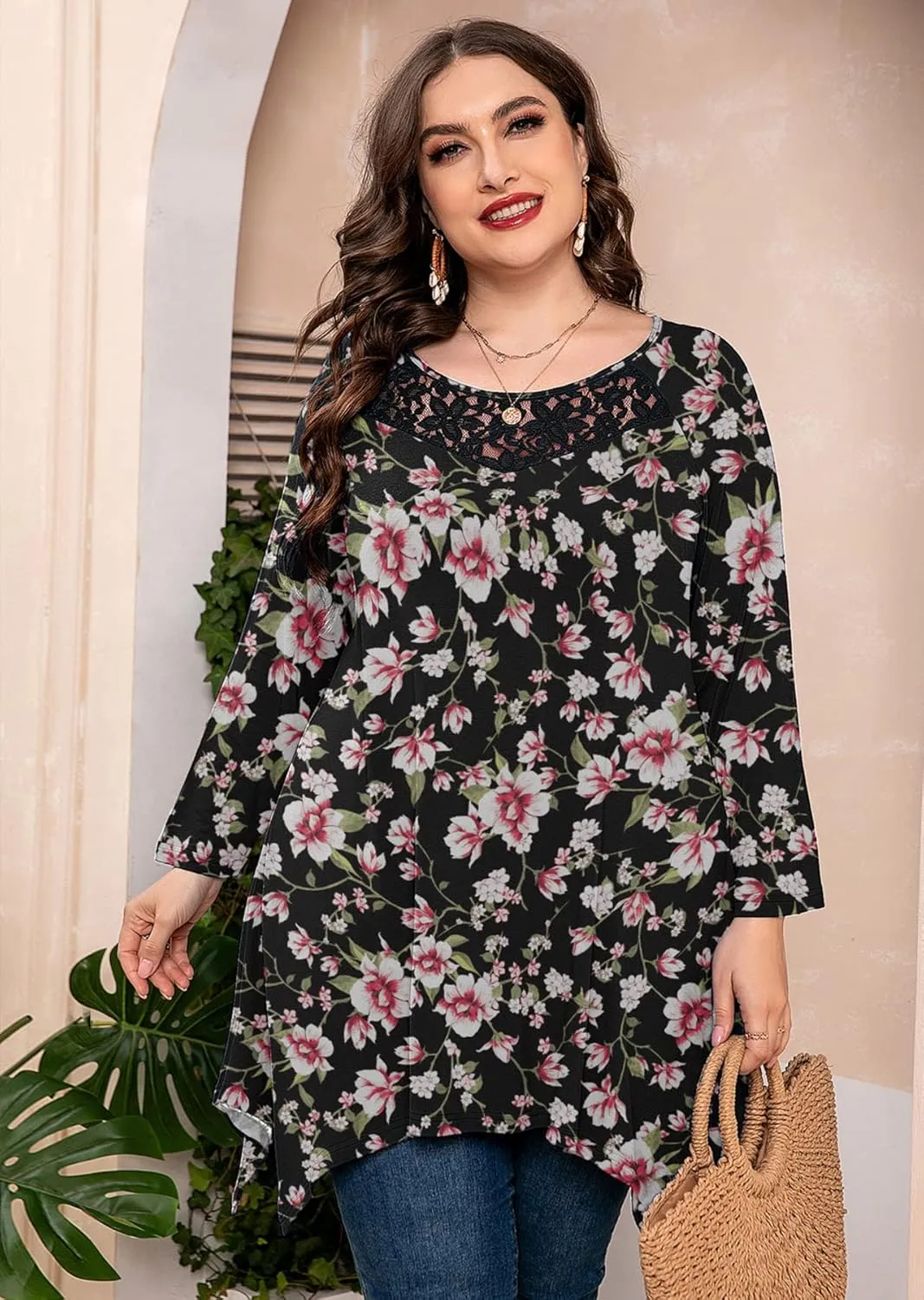 AusLook Plus Size Women Top 3/4 Sleeve Swing Tunic Lace Crewneck Blouse Maternity Clothing Loose Clothes Shirt for Leggings