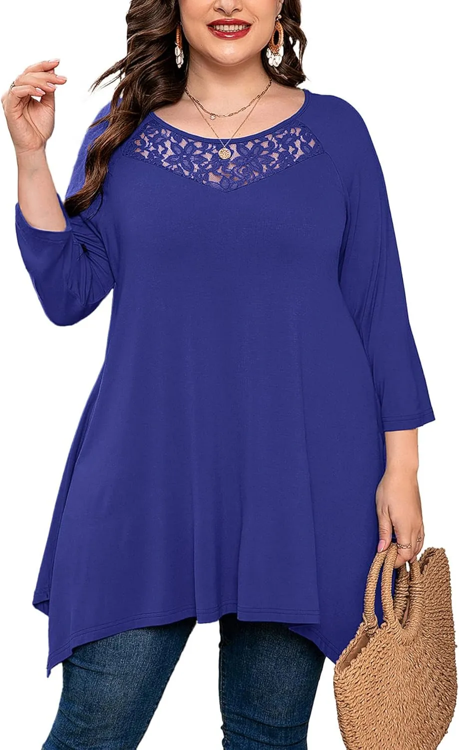 AusLook Plus Size Women Top 3/4 Sleeve Swing Tunic Lace Crewneck Blouse Maternity Clothing Loose Clothes Shirt for Leggings