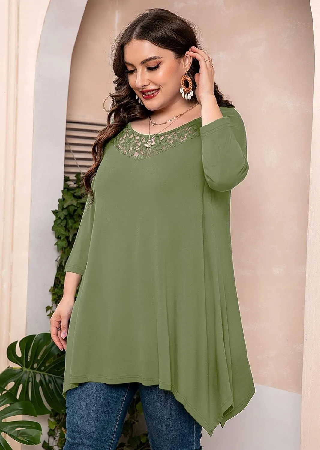AusLook Plus Size Women Top 3/4 Sleeve Swing Tunic Lace Crewneck Blouse Maternity Clothing Loose Clothes Shirt for Leggings
