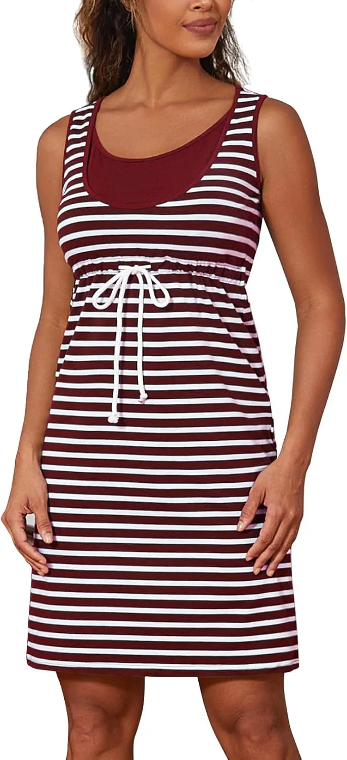 Bhome Nursing Tank Dress Maternity Sleeveless Breastfeeding Dress Casual Knee Length