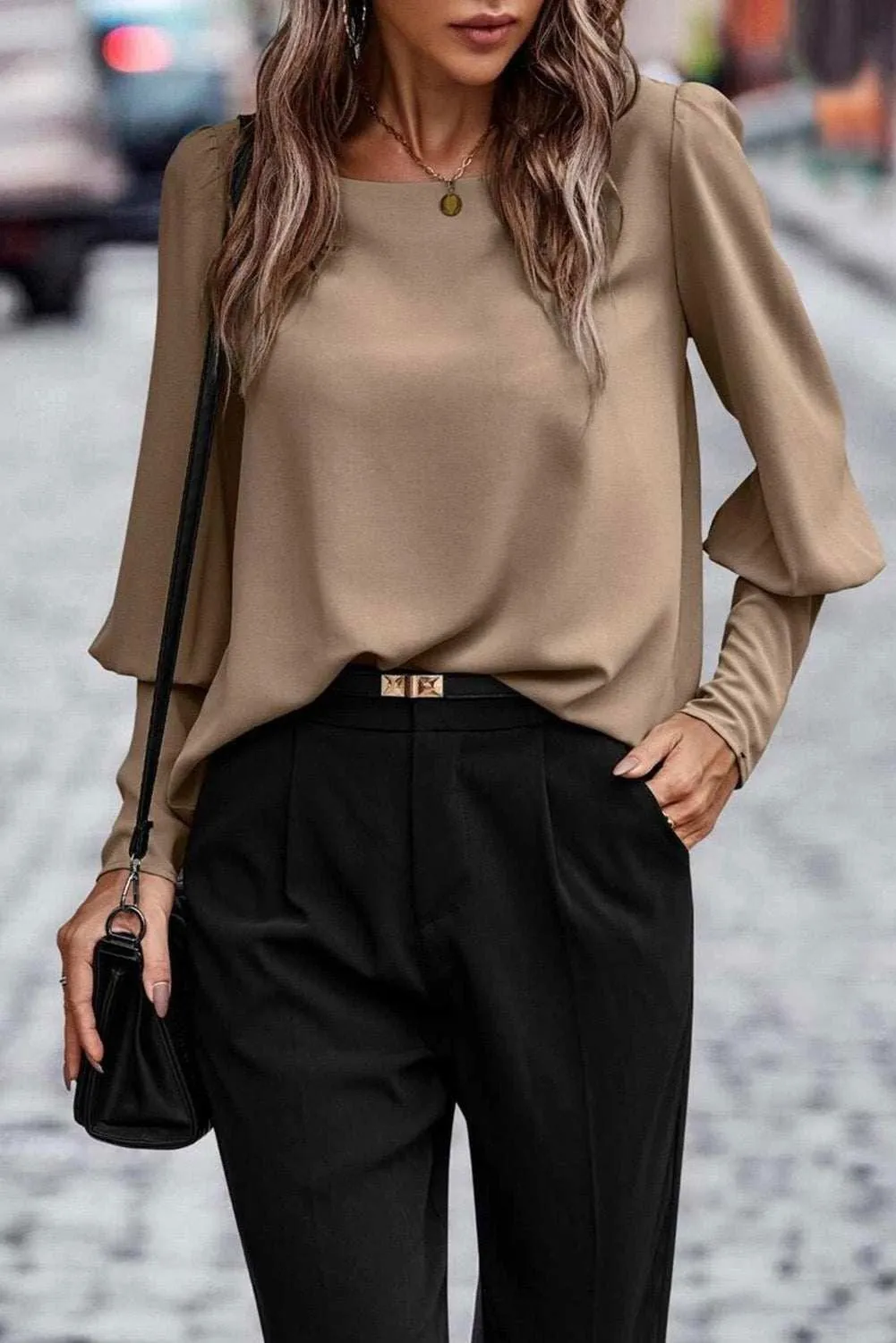 Black Basic Leg-of-mutton Sleeve Round Neck Blouse | Shop Now