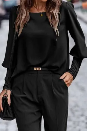 Black Basic Leg-of-mutton Sleeve Round Neck Blouse | Shop Now