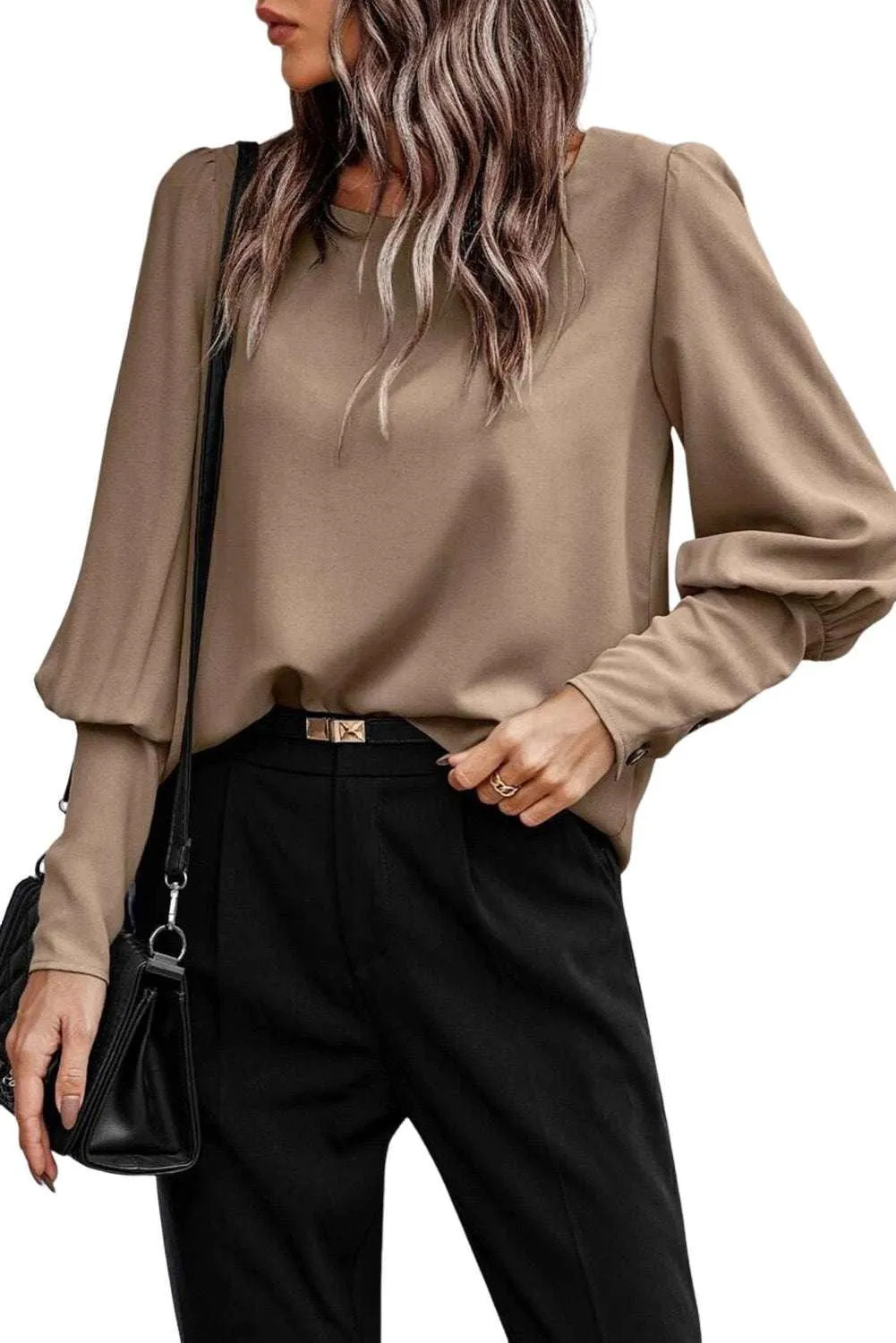 Black Basic Leg-of-mutton Sleeve Round Neck Blouse | Shop Now