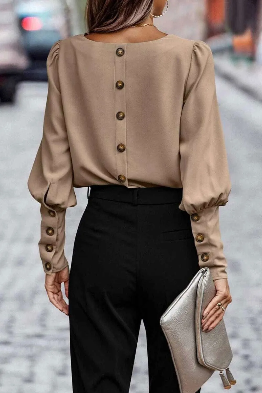 Black Basic Leg-of-mutton Sleeve Round Neck Blouse | Shop Now