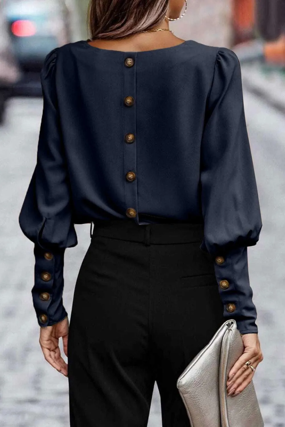 Black Basic Leg-of-mutton Sleeve Round Neck Blouse | Shop Now