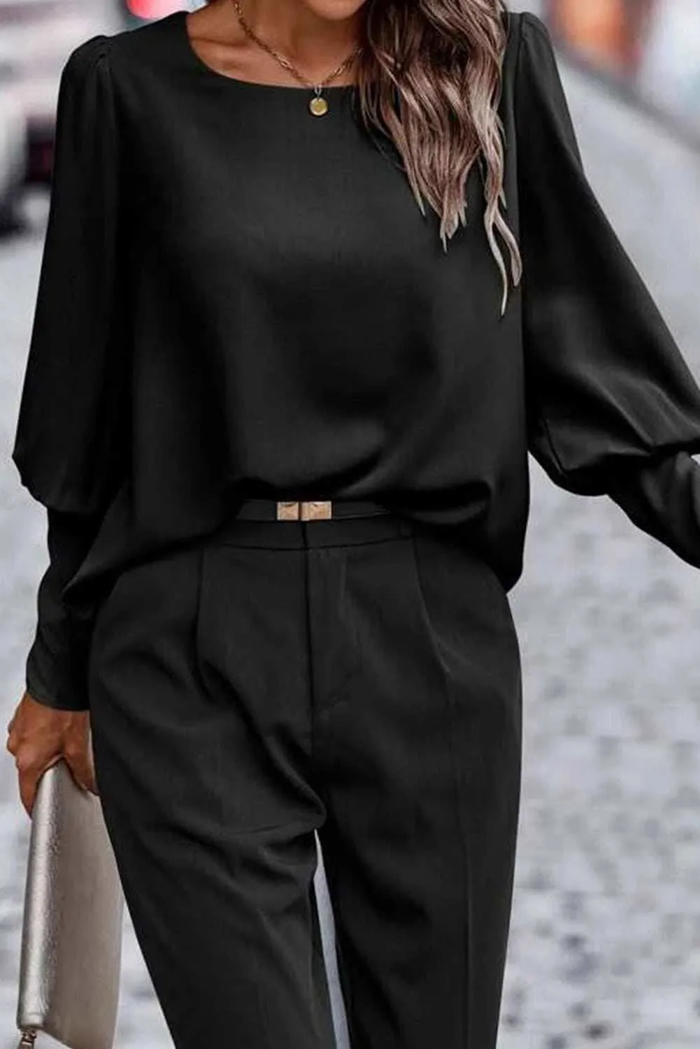 Black Basic Leg-of-mutton Sleeve Round Neck Blouse | Shop Now