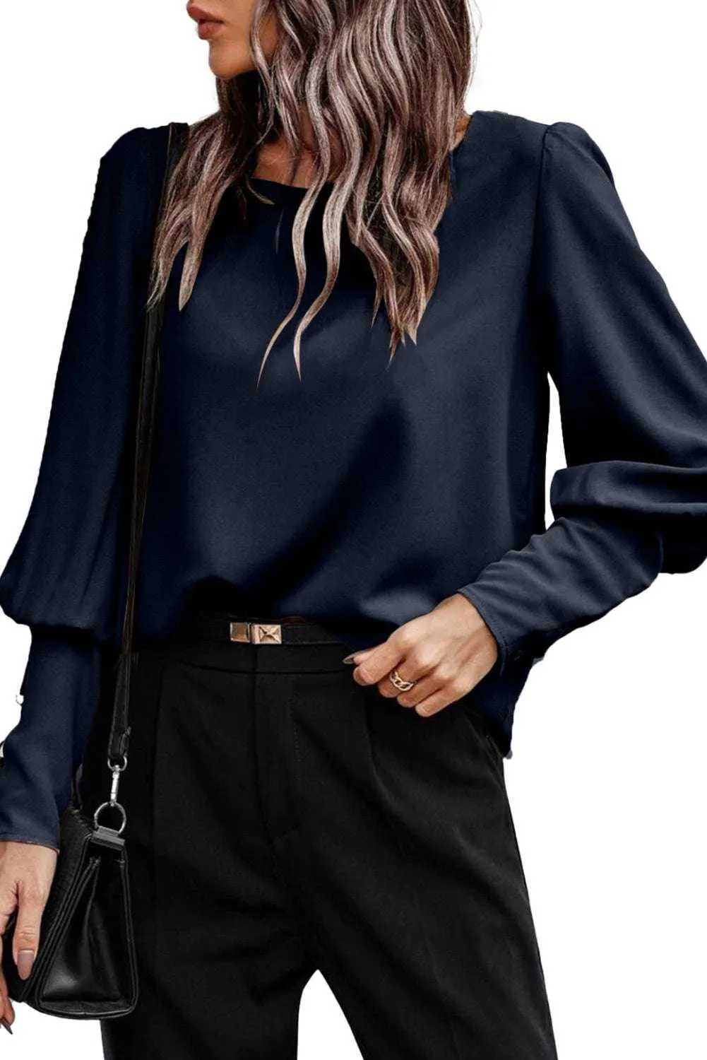 Black Basic Leg-of-mutton Sleeve Round Neck Blouse | Shop Now