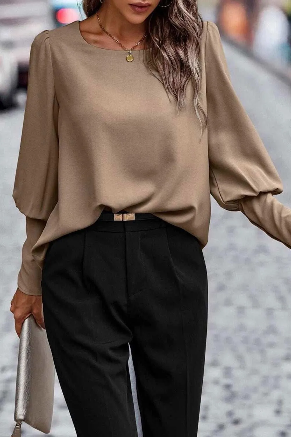 Black Basic Leg-of-mutton Sleeve Round Neck Blouse | Shop Now