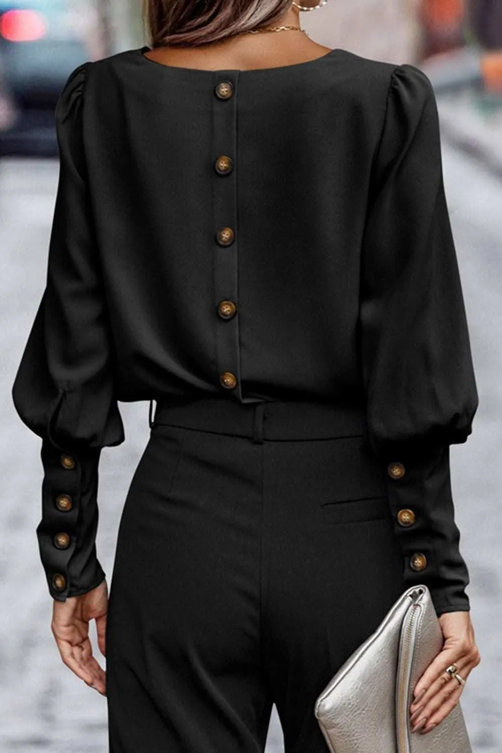 Black Basic Leg-of-mutton Sleeve Round Neck Blouse | Shop Now